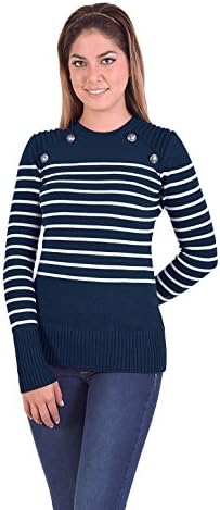 Rass Boutique Crewneck Stripped Sweater - Woman's Top long Sleeves WTCG1348 (X-Large, Navy)