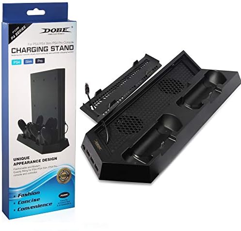 PS4 Vertical Stand with Cooler Fan Dual Charging Dock USB Hub Multifunction Stand for PS4 Console and Controllers (PS4 Fat)