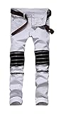 Men's White Ripped Elastic Skinny Straight Cut Slim Fit Jeans with Zipper w36