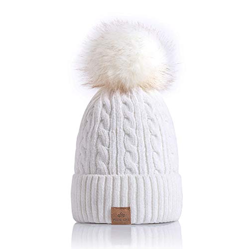 PAGE ONE Women Winter Pom Pom Beanie Hats Warm Fleece Lined,Chunky Trendy Cute Chenille Knit Twist Cap/White