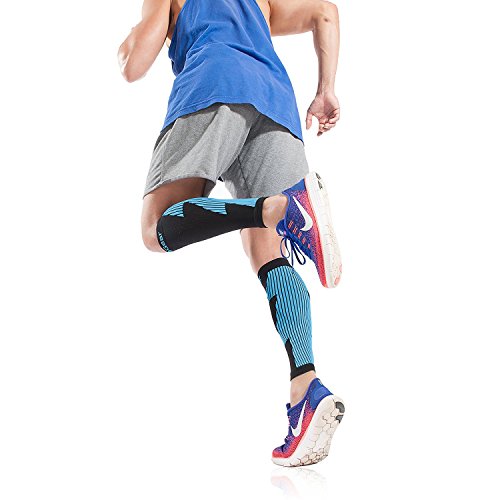 Calf Compression Sleeves - Men and Women Leg Support Socks - Black/Blue S/M (One Pair)
