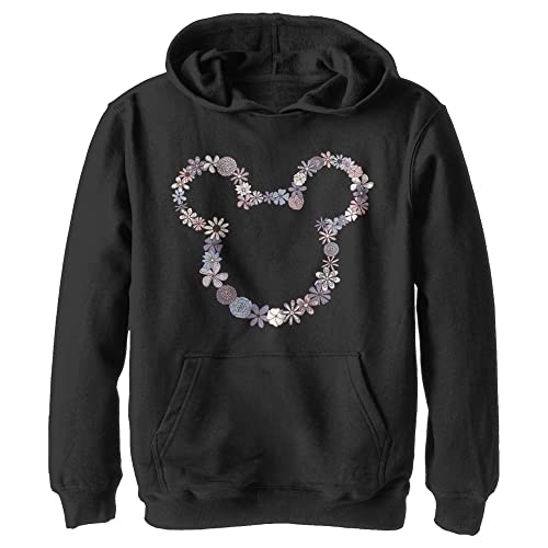 Disney Characters Mickey Flowers Boy's Hooded Pullover Fleece, Black, Small