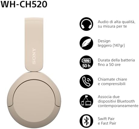 WH-CH520 | Cuffie Wireless, Connessione Multipoint, con Microfono, Fino a 50 ore di durata della batteria con Ricarica rapida - Beige