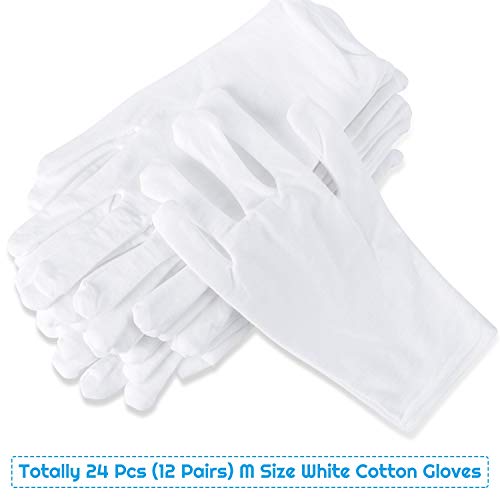 White Cotton Gloves, Cridoz 12 Pairs Cotton Gloves for Women Dry Hands Cleaning Serving Archival Sleeping Moisture Eczema Costume Coin Jewelry Silver Inspection Art Handling, Medium Size