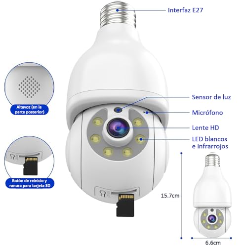 E T EASYTAO | 2PCS Q17 Foco con Camara de Seguridad WiFi, 2MP Camara de Foco 360°, iCSee Tris Home App, Base E27, Visión Nocturna, Audio Bidireccional, Detección de Movimiento, Compatible con Alexa