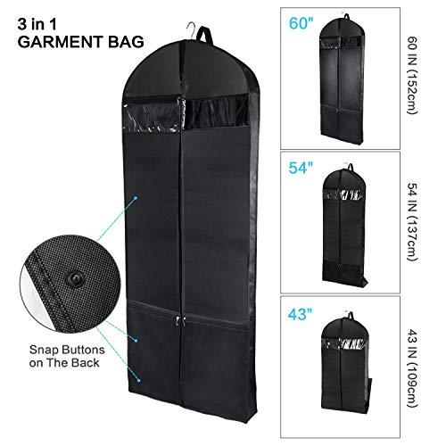 Wanapure 60"/54"/43" Garment Bags, 3 in 1 Suit Bag with 2 Large Mesh Shoe Pockets and Accessories Pocket, Trifold Suit Cover for Dress, Coat, Jacket, Closet Storage or Travel, Set of 2, Black