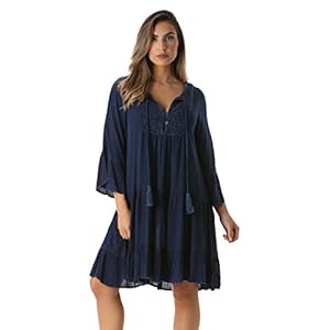 Riviera Sun Short Flowy Casual Dress with Crochet Front & Bell Sleeves www.denim.fit