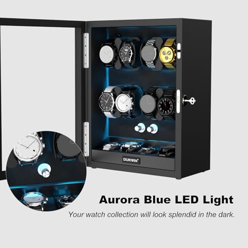 DUKWIN Watch Winder for 4/6/8/12 Automatic Watches, Lockable Automatic Winders with Extra 4/6 Watch Storages, 4 Rotation Modes, Quiet Mabuchi Motor, Sfot Watch Pillows and Blue Backlight