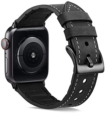 XinywTech Compatible with Apple Watch Band 44mm 42mm,Genuine Leather and TPU Hybrid Sweatproof Replacement Band Strap Compatible iWatch Series 4 44mm Series 3/2/1 42mm Sport and Edition (Black)