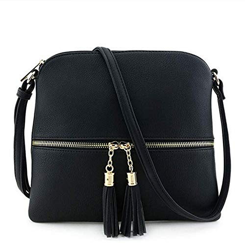 Kbinter Lightweight Medium Crossbody Bag with Tassel and Zipper Pocket (Black) , Large