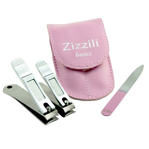 Nail Clippers by Zizzili Basics - 3 Piece Nail Clipper Set - Stainless Steel Fingernail & Toenail Clippers with Nail File & Bonus Pink Carry Case - Best Nail Care for Manicure, Pedicure, Home & Travel