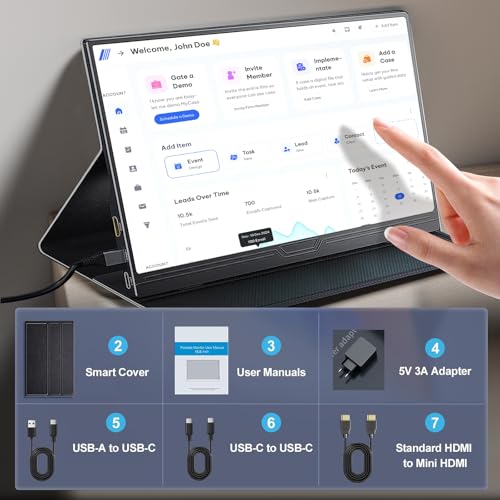 Monitor Portátil Touchscreen 15.6" - Tela Externa Full HD 1080P, Toque de 10 Pontos, Dual Type-C Mini HDMI, Alto-falantes Integrados e Capa Protetora, Plug & Play para Laptop, PC, Mac e Celular