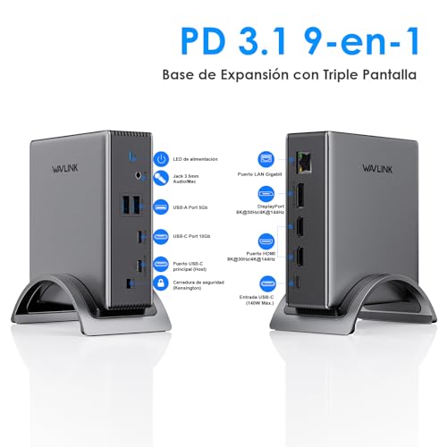 Estación de acoplamiento para portátil,PD3.1 Triple Display Dock con 140W de potencia,4K@144Hz HDMI*2 + Displayport,USB-C 10Gb,2* USB-A 5Gb,Gigabit Ethernet,Audio/Mic, para Windows,Lenovo,HP,Dell