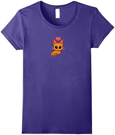Womens Pixel Cat Heart T-Shirt: Orange Tabby Love Small Purple