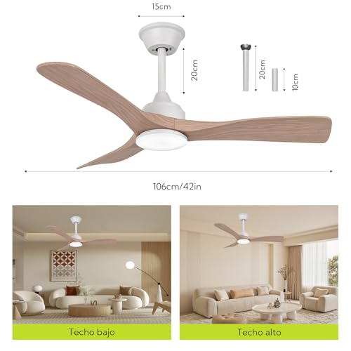 Ceiling Fan with Light and Remote Control 106 cm, Silent DC Motor, 3 Blades Plastic Light Wood Effect, Dimmable LED Ceiling Light, 3 Tones, Modern Low Consumption Fan (Light Wood)