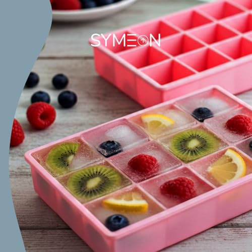 SYMEON Forma de Gelo Silicone Com Tampa Livre de BPA Flexivel 15 Cubos de 27ml Cada Prática Resistente e Reutilizável Forma Para Papinha Gelatina Frutas (ROSA)