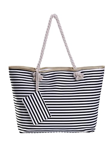 Bolso de playa grande con cremallera bolso de hombro a rayas negro y blanco
