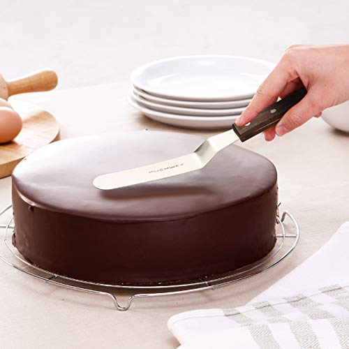 PUCKWAY 4PCS Cake Decorating Angled Icing Spatula set with 4, 6, 8 & 10 Inch Stainless Steel Blade, Wood Handle Offset Frosting Spatulas and Cake Stripping Tool