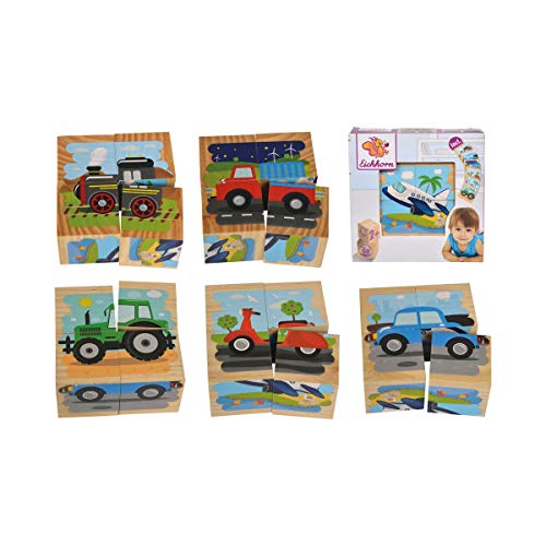 Eichhorn 100005482 - Bilderwürfel, 4 Bausteine mit 6 Fahrzeugmotiven, 4-tlg., 9 x 9 x 4,5 cm, Kiefernholz
