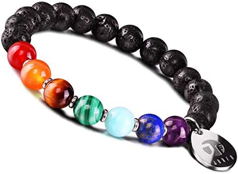 JOXFA Natural Genuine 7 Chakra Gemstone Bracelet for Men Women, 8mm Lava Rock Aromatherapy Essential Oil Diffuser Bracelet Elastic Stretch Charm Healing Stone Yoga Beads Bracelet Bangle