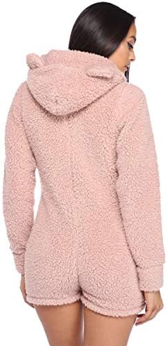 Womens Sherpa Fleece Romper Hooded Long Sleeve Zipper Short Jumpsuit Sleepwear