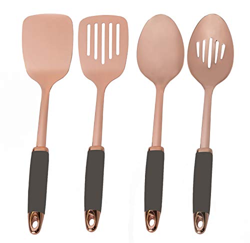 Cook With Color Set of 4 Rose Gold Stainless Steel Cooking Utensil Set with Grey Silicone Handles