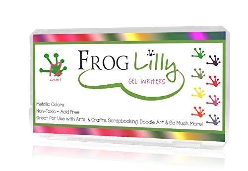 FrogLilly Professional Artist Gel Ink Pens Set - 12 Metallic Colors in Sturdy Plastic Case - Ultra Fine Extended Glider Tips for Intricate Detailing, Drawing, Sketching, & Adult Coloring Books