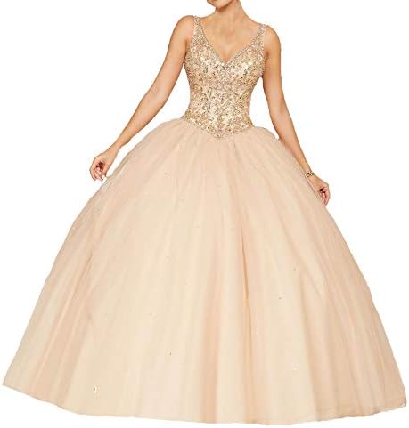 HuaMao Women's Beaded Lady V Neck Pageant Prom Sweet 16 Quinceanera Dresses
