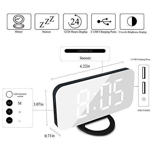 GLOUE Alarm Clock with USB Charger, Digital Alarm Clocks for Bedrooms Large Mirror Surface, Easy