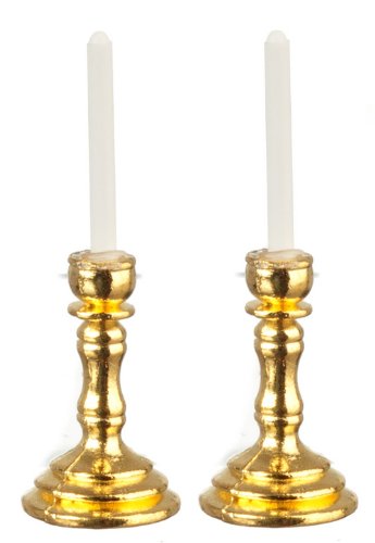 Dollhouse Miniature Pair of Round Brass Candlesticks with Candles