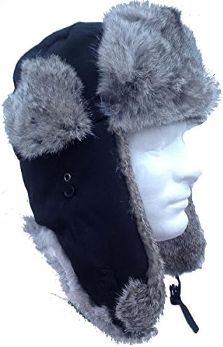 Black Nylon Real Silver Rabbit Fur Trooper Trapper Aviator Hat -XL