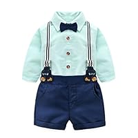 Abolai Baby Boy Summer Cotton Gentleman Long Sleeve Bowtie Romper Suspenders Shorts Outfit Set Style5 Green 90