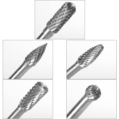 5pcs 1/4" Shank Diamond Burr Bits Set for Rotary Tool, 6x8mm Tungsten Carbide Rotary Files for Woodworking / Drilling / Carving / Engraving / Grinding (Single Cut)