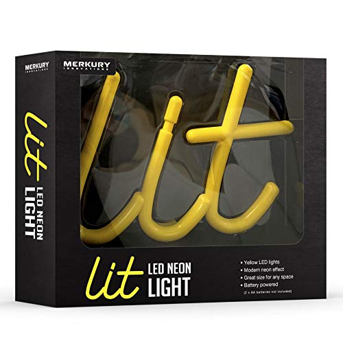 Merkury Innovations 8" inch LED Neon Yellow"Lit" Sign, Night Light, Mood Light with Pedestal,Battery Operated Wall Art,Bedroom Decorations,Lamp,Home Accessories,Party and Holiday Decor:Neon Yellow