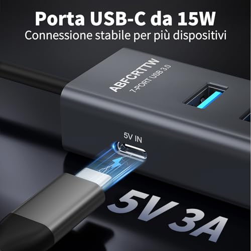 7 Ports USB 3.0 Hub with 120 cm Cable for Desktop, Aluminium USB Hub Multisocket USB Splitter with USB 3.0 5Gbps, 5 V 3A USB-C Powered for PC, Laptop, MacBook, U-Disk, Mouse, Keyboard, etc.