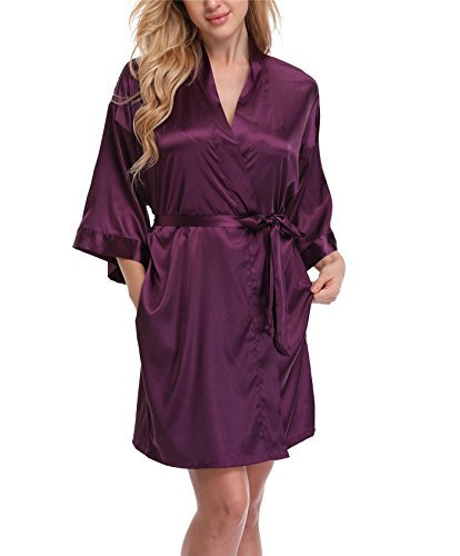 FADSHOW Women's Satin Robes Bridal Dressing Gown Wedding Bride Bridesmaids Kimono Sleepwear,Dark Purple