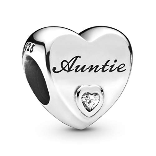 CWOne Designs S925 Sterling Silver Family Moments Love Heart Charm for Pandora Charm Bracelets. (Auntie)