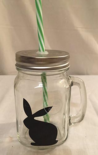 chalkable bunny GLASS RABBIT MASON JAR BEVERAGE GLASS CUP, LID & STRAW 15oz