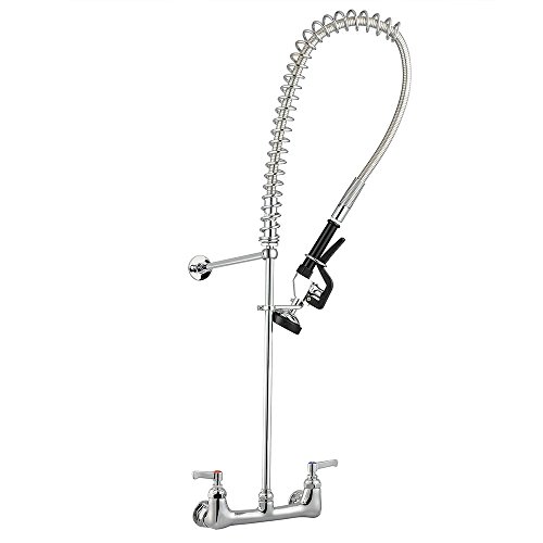 Aquaterior Chrome Double Handle Brass Commercial Wall-mount Faucet Pull Down Pre-rinse Spray, 5 Year Warranty