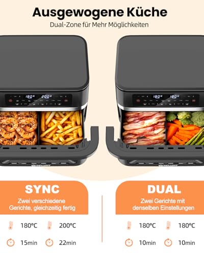 WELLENT 12L Dual Zone Airfryer XXL - 2950W Hot Air Fryer 2 Chambers (6+6L) - Hot Air Fryer Double Chamber with Viewing Window, Match & Sync Function, Shake Reminder, Dishwasher Safe