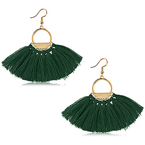 Suyi Women Tassel Earrings Bohemia Fan Shape Thread Tassel Statement Drop Dangle Earrings for Lady Dark Green - Thumbnail 6
