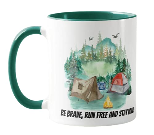 Vixar Tent Camping Caravan, Be Brave,Run Free and Stay Wild, Holiday, Ceramic Mug Cup Coloured,11oz, Novelty Gift, Joke (Dark Green)
