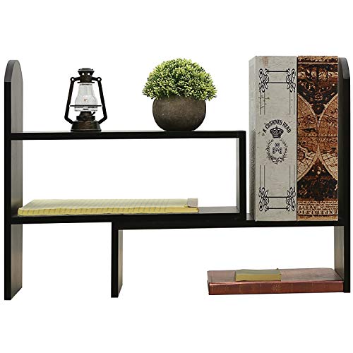 Adjustable Wood Office Desktop Organizer Display Shelf, Tabletop Bookcase, Black