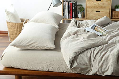 FOSSA Washed Cotton Duvet Cover Set Queen 3 Piece Bedding Sets Soft Wrinkled Solid Design (Queen, Linen) - Thumbnail 2
