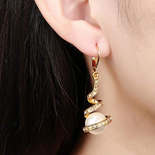 Gyoume Women's Earrings Pearl Studded Spiral Design Zircon Hoop Drop Earrings Jewelry Party Earring (Gold)