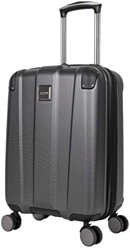 Black carry-on luggage with multiple compartments and pockets, priced at $79.99.