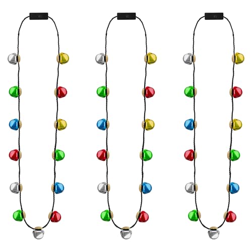 EOBOH Christmas Light Necklace, 3Pcs Bells Light up Christmas Necklace, Jingle Bells Xmas Necklaces Women Men, 3 Modes Party Favors Ugly Sweater Holiday Party Supplies Accessories