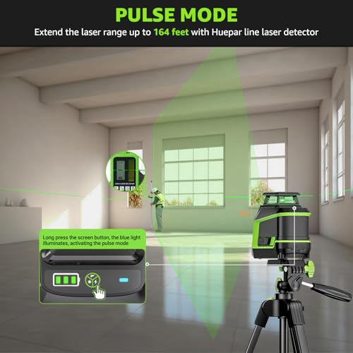 360° Laser Level with 152m Tripod - Huepar 25m-50m Green Laser Self-Leveling + Pulse Mode - 3 Brightness Levels - Rechargeable Li-ion Battery - For Tile Installation, Indoor Decoration