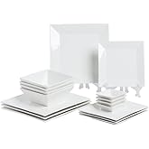 Porlien 16-Piece Classic Square Dinnerware Set for 4-Square Dinner Plates, Dessert Plates, Bowls & Dipping Saucers, Off White Dishes for 4