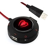 BlueFire USB 2.0 External Stereo Sound Card Adapter Audio Cable with 2 USB Hub Noise Reduction Headset Adapter for Desktop PC PS4 Xbox Compatible with Windows, Mac IOS, Linux, Vista(Red)